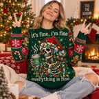ugly christmas sweater with skeleton tangled in christmas lights holding coffee cup