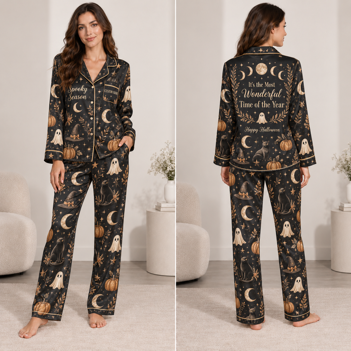 satin pajamas with halloween ghost pumpkin and black cat design