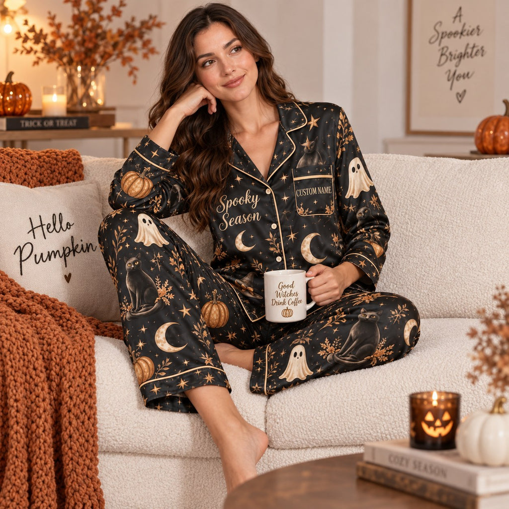 satin pajamas styled in cozy bedroom for halloween season