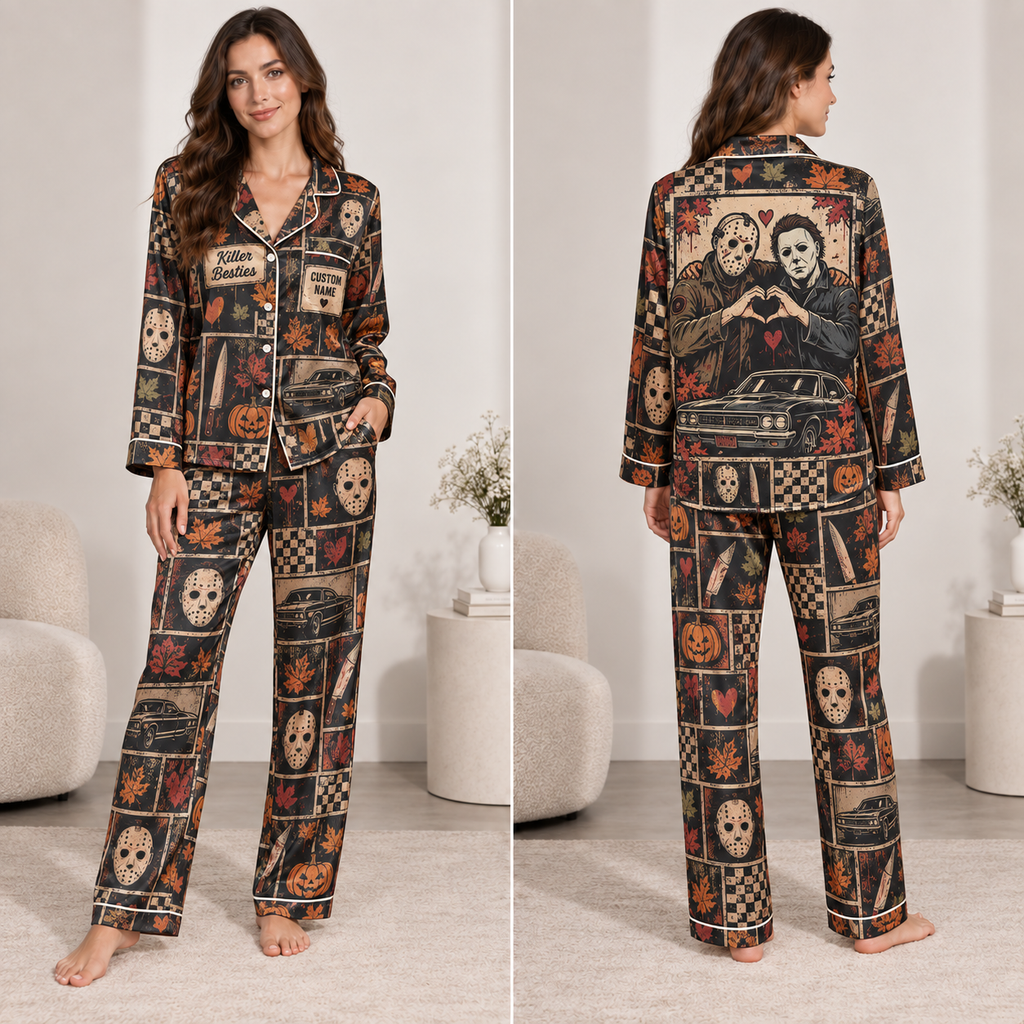 halloween pajamas set with two masked horror slashers all over print