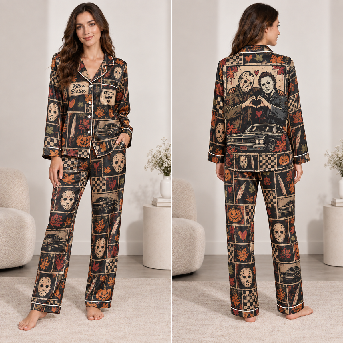 halloween pajamas set with two masked horror slashers all over print