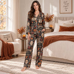 back view of horror movie themed halloween pajama set with pumpkin pattern