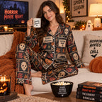 halloween pajama set styled in cozy bedroom with horror movies and chill