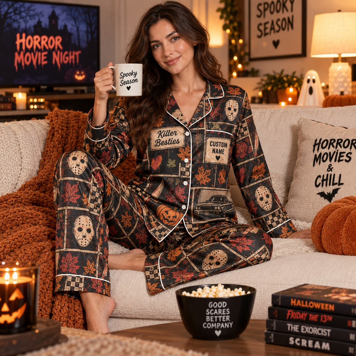 halloween pajama set styled in cozy bedroom with horror movies and chill