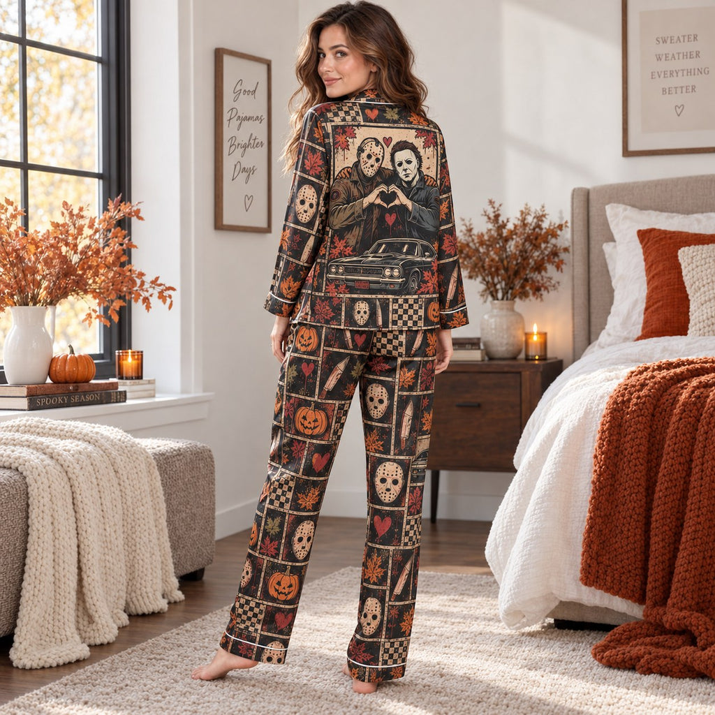 woman wearing horror movie night halloween pajamas holding spooky season mug