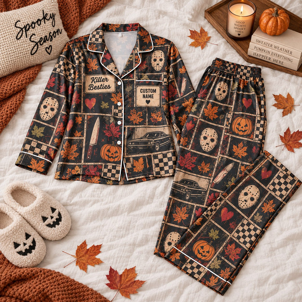 dark horror patchwork satin pajamas flat lay with a custom name on the chest