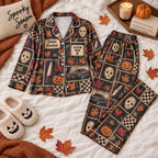 dark horror patchwork satin pajamas flat lay with a custom name on the chest