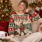 ugly christmas sweater with sled of gifts close up on snowy village
