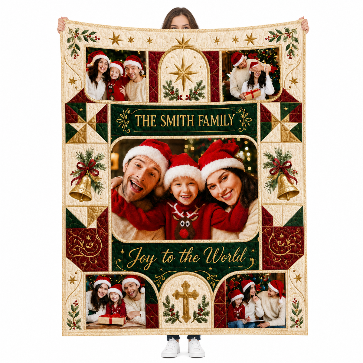 person holding a christmas photo collage fleece blanket with personalized family name