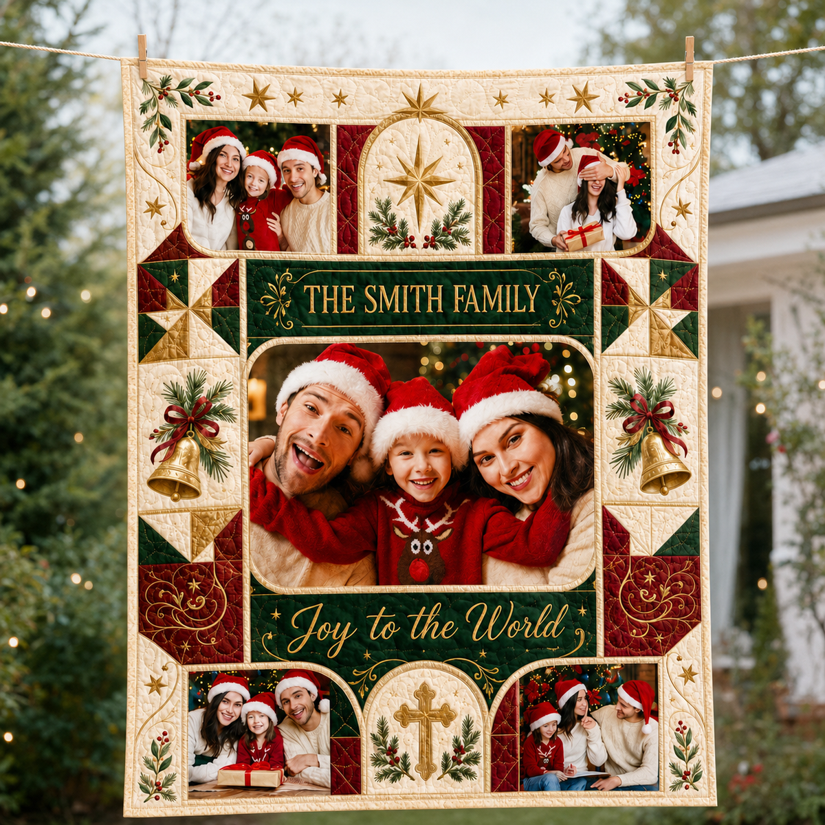 christmas family photo blanket hung on a clothesline outdoors near evergreens
