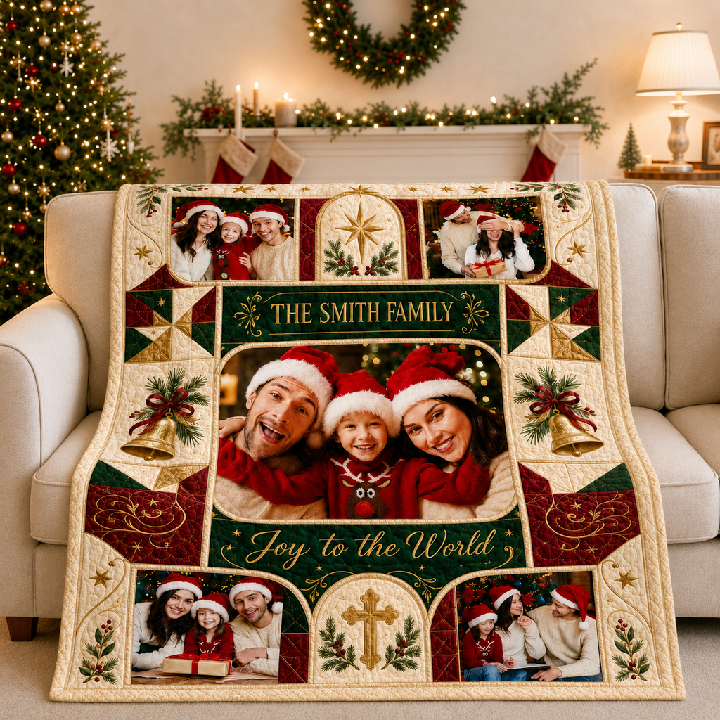 custom photo blanket draped over a sofa in a decorated living room