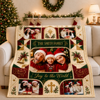 custom photo blanket draped over a sofa in a decorated living room