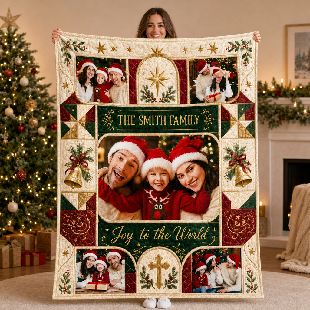 person displaying a joy to the world custom photo blanket with family