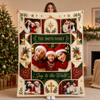 person displaying a joy to the world custom photo blanket with family