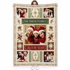 person holding a personalised christmas photo blanket with red and green quilt