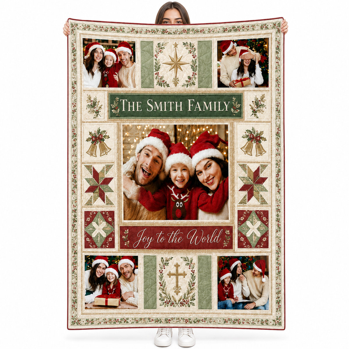 person holding a personalised christmas photo blanket with red and green quilt