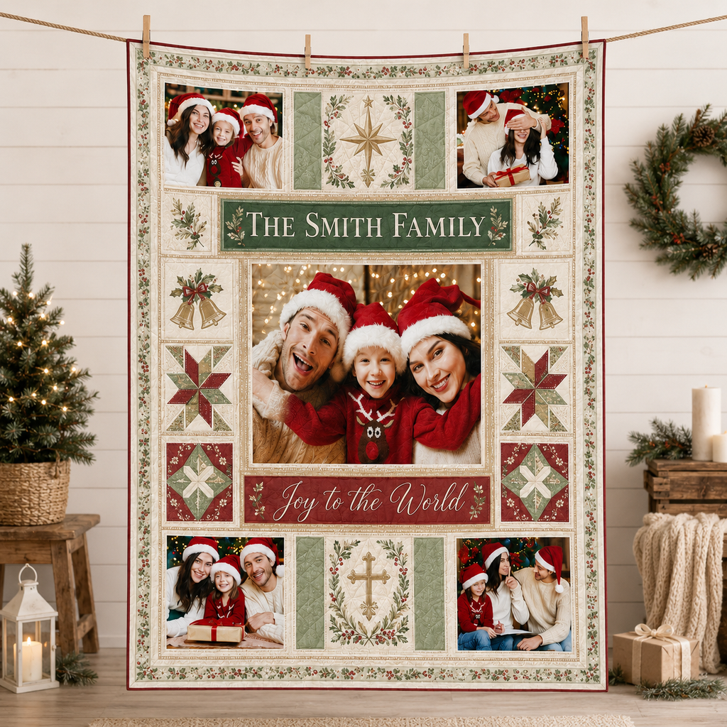 personalised christmas photo blanket hanging on a rope in a festive living