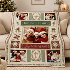 red and green christmas family photo blanket draped over a beige sofa