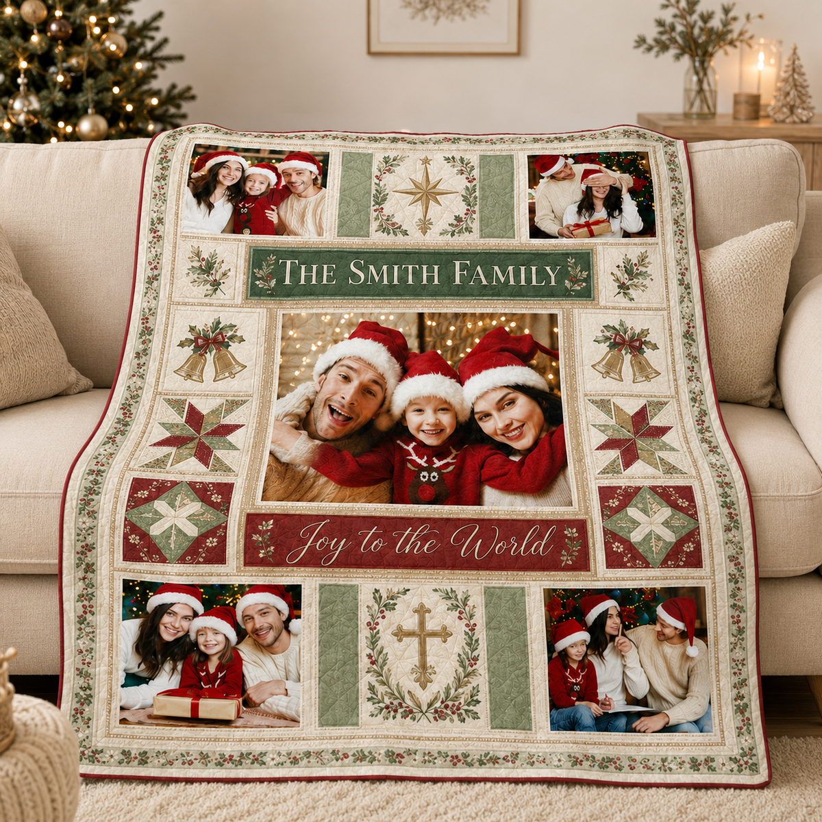 red and green christmas family photo blanket draped over a beige sofa
