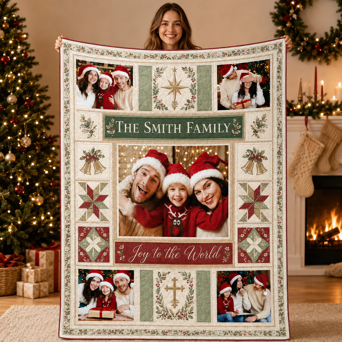 woman smiling while holding a custom christmas family photo blanket in front