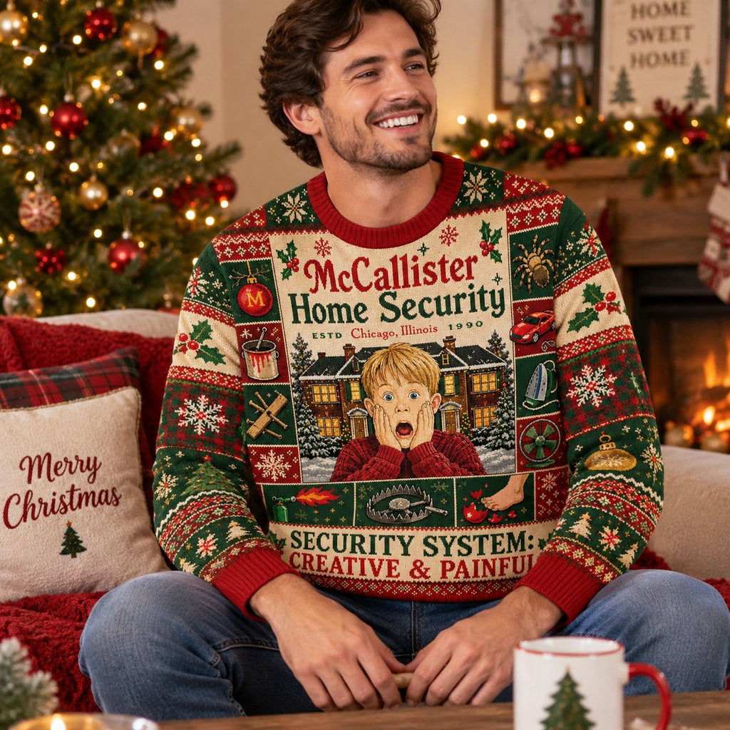 man wearing a kevin mccallister home alone ugly christmas sweater in a