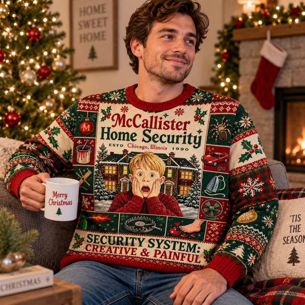 man holding a merry christmas mug in a home alone mccallister home