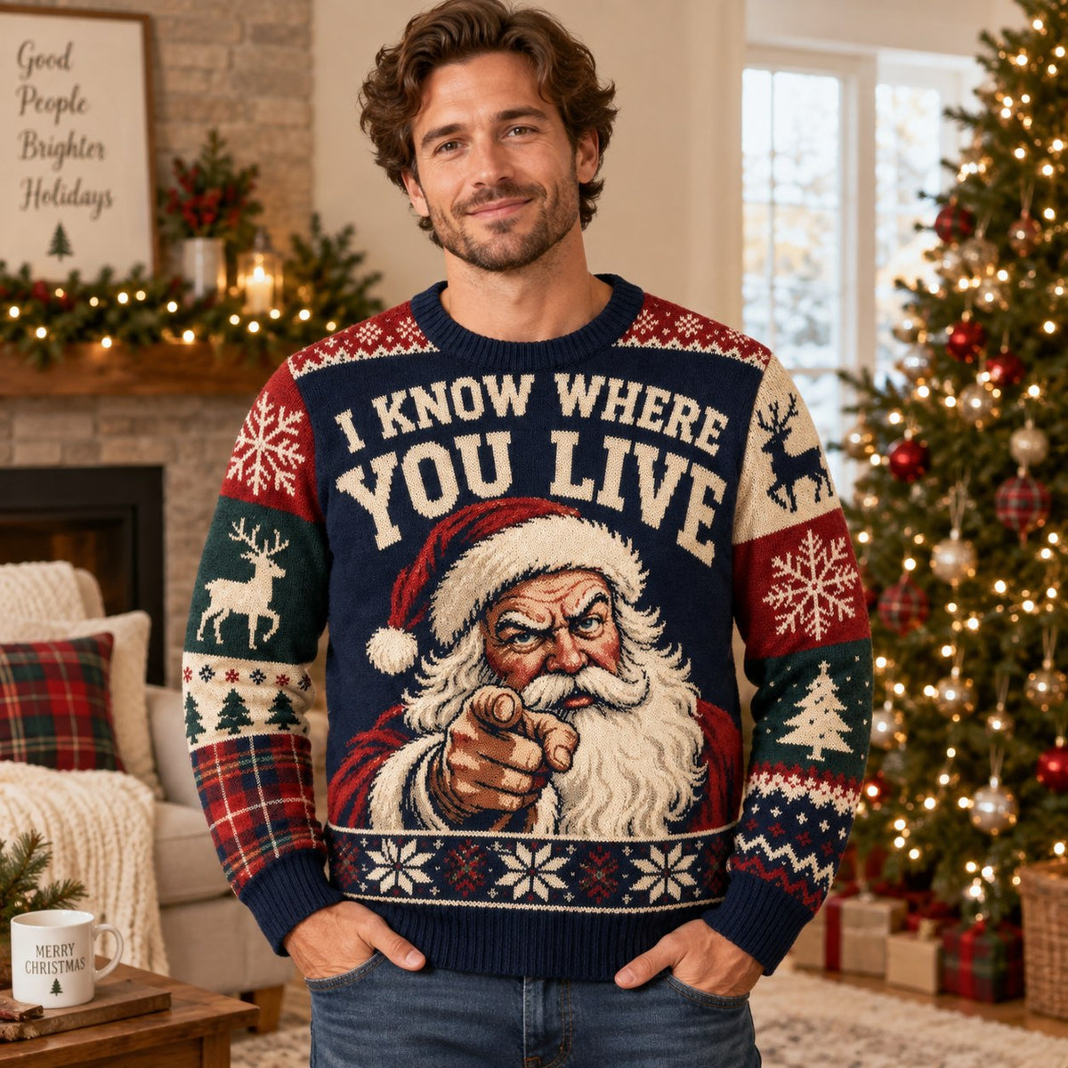 man wearing an ugly christmas sweater with a pointing santa and the