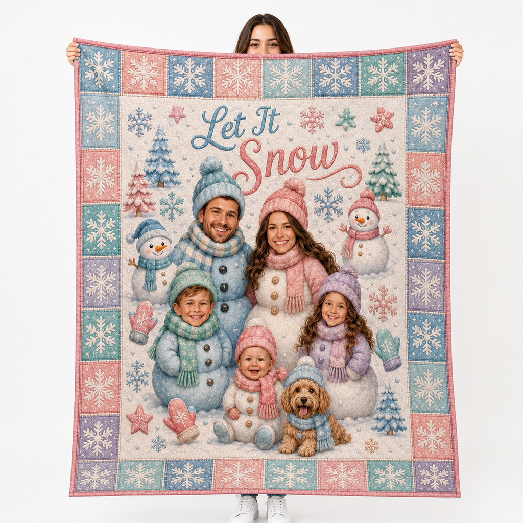 custom family photo blanket held up showing snowman winter scene