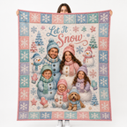 custom family photo blanket held up showing snowman winter scene