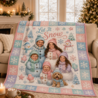 personalized family blanket draped over a beige sofa in a christmas living