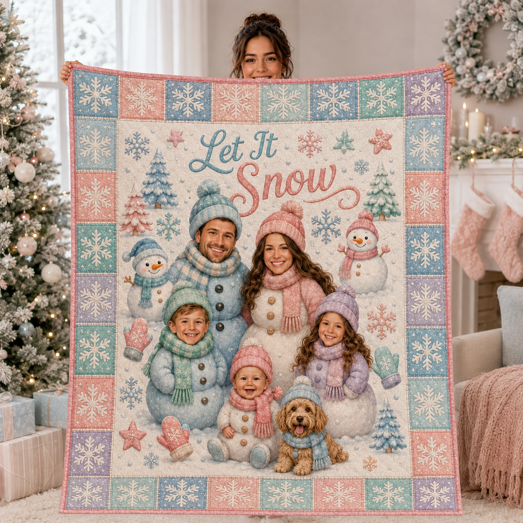 custom photo throw blanket held up showing family portraits and a pet