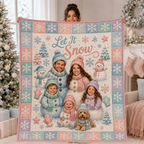 custom photo throw blanket held up showing family portraits and a pet