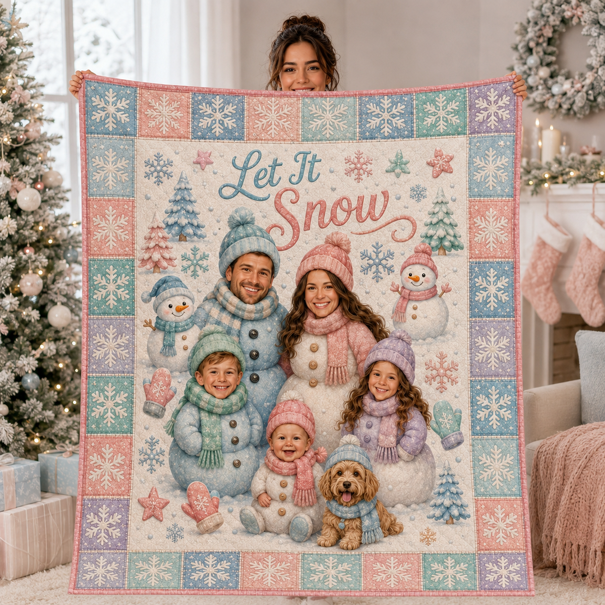 custom photo throw blanket held up showing family portraits and a pet