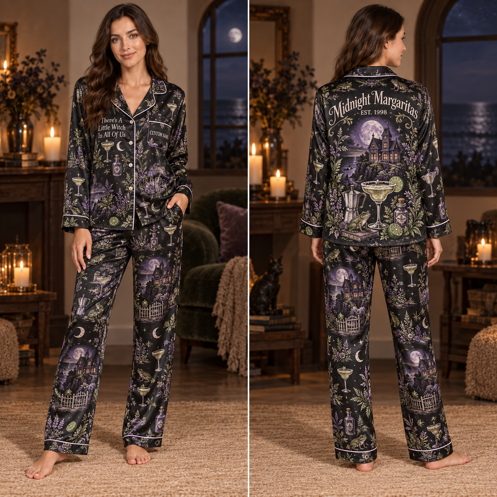woman modeling black halloween pajamas with haunted castle and moon print