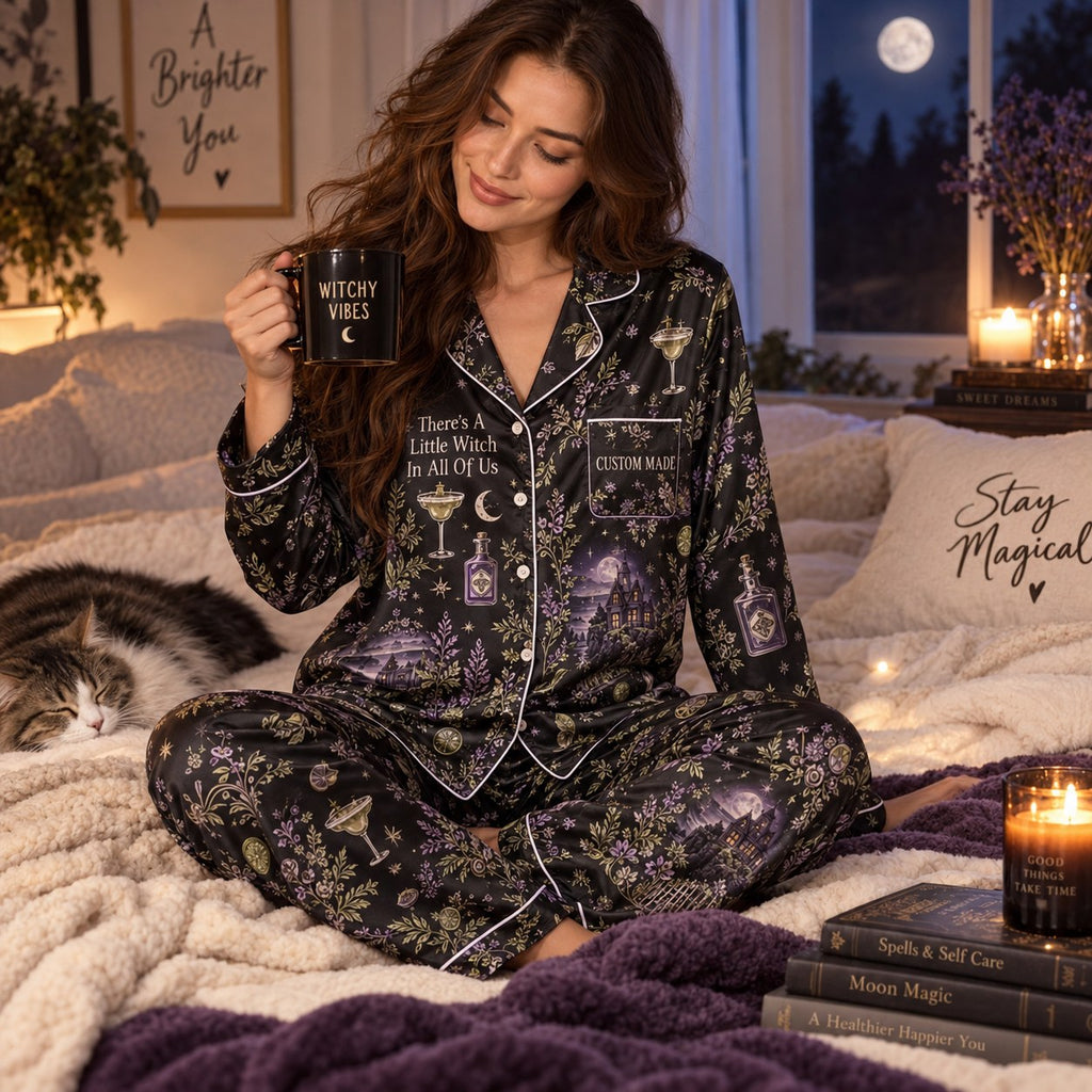 woman sitting on bed holding witchy halloween pajama mug with black cat