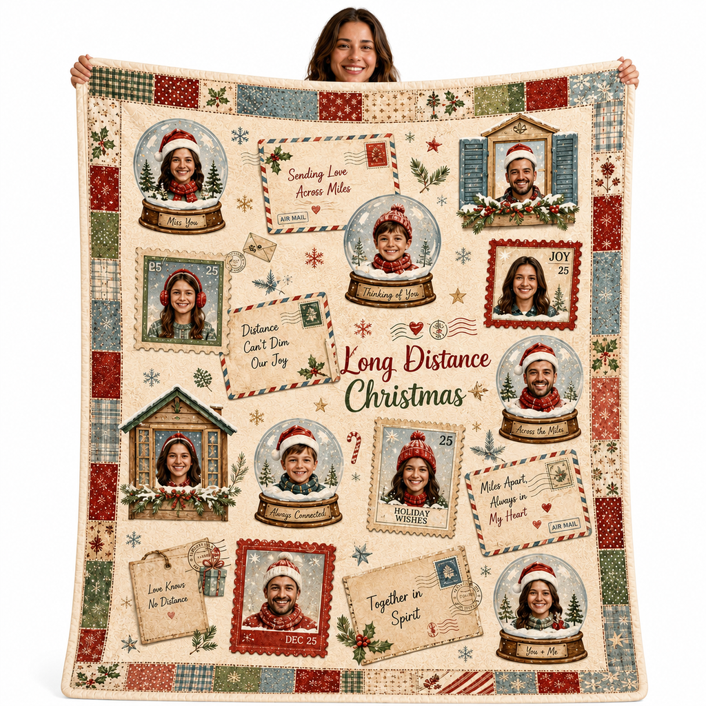 long distance christmas photo blanket held up with snow globe portraits