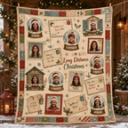 long distance christmas fleece blanket draped in snowy cabin scene