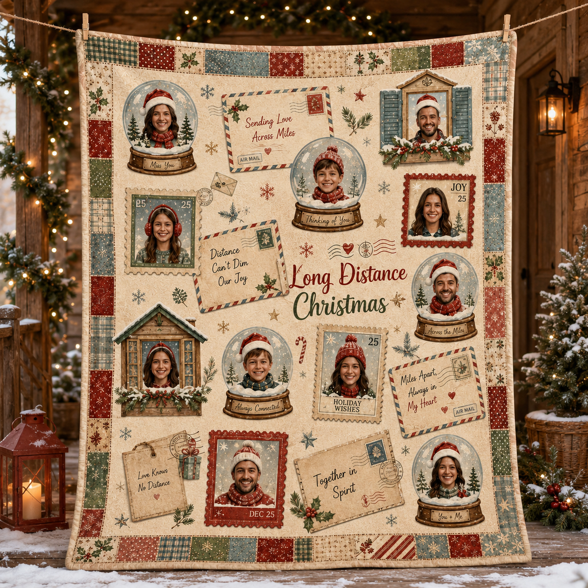 long distance christmas fleece blanket draped in snowy cabin scene