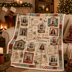 long distance christmas photo blanket styled on armchair by fireplace