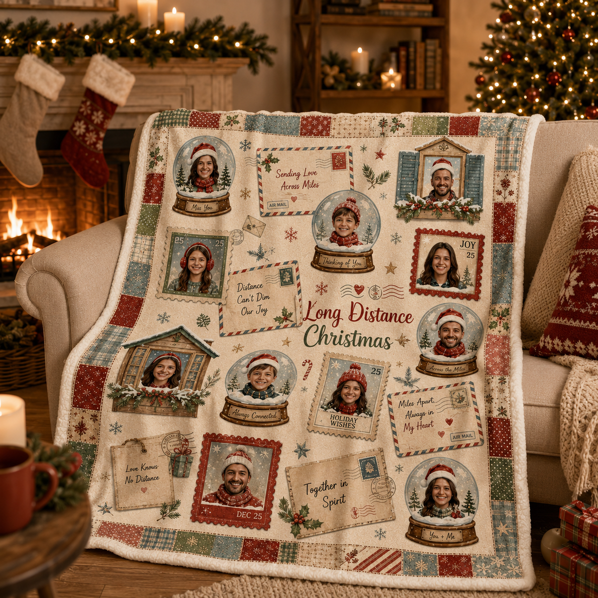 long distance christmas photo blanket styled on armchair by fireplace