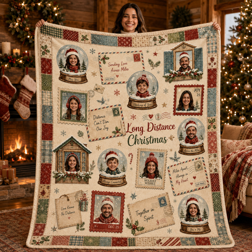 long distance christmas photo blanket held up in front of decorated tree