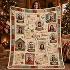 long distance christmas photo blanket held up in front of decorated tree