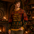 man wearing a red lord of the rings ugly christmas sweater with