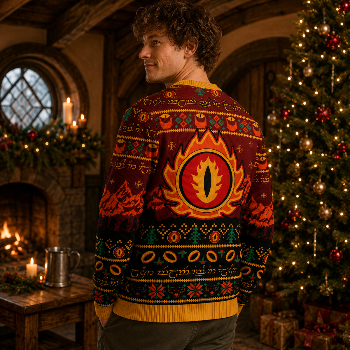 back view of the same red lotr ugly christmas sweater showing the