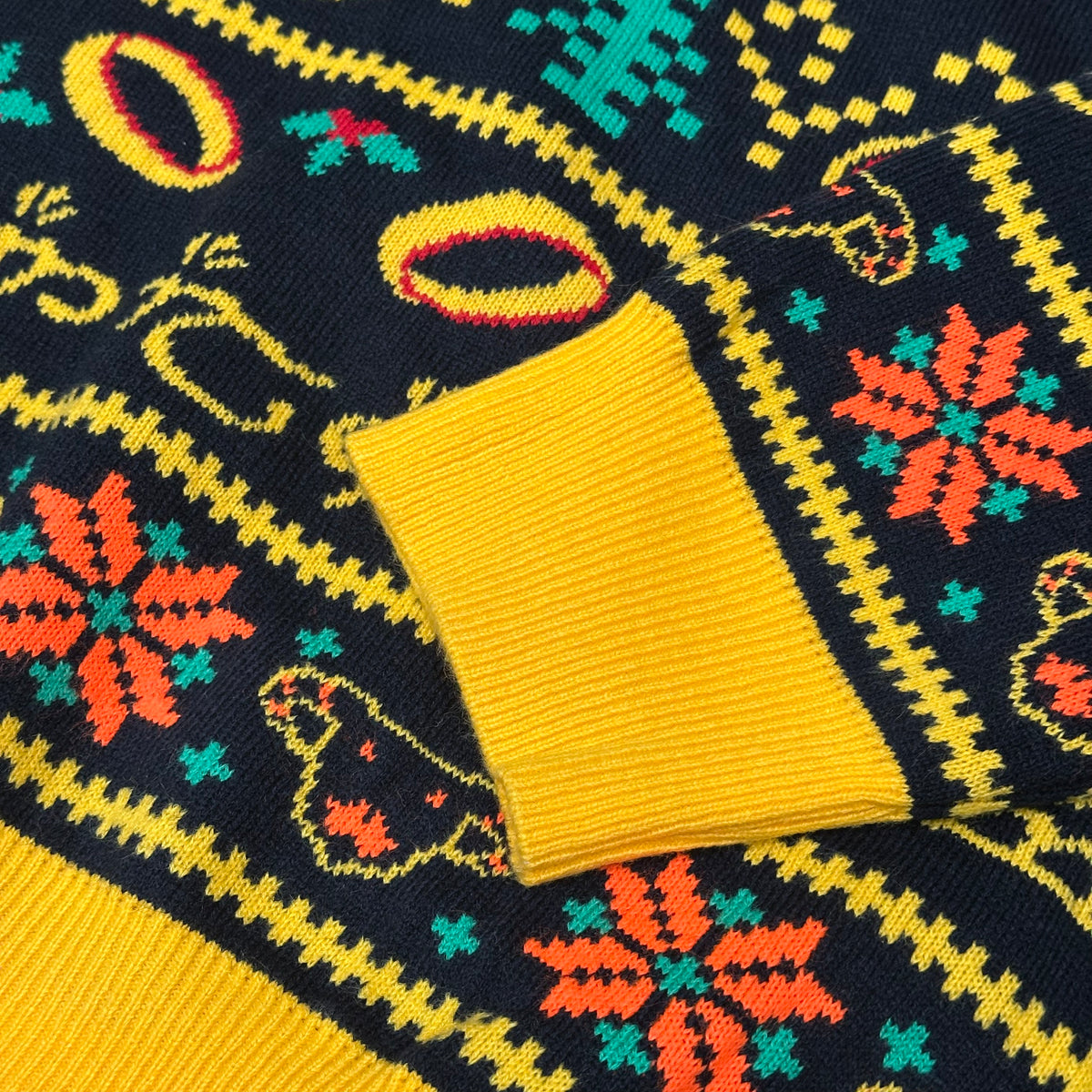 close up of the jacquard knit pattern on the lord of the
