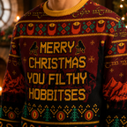 detailed front view of the red and black lotr ugly christmas sweater