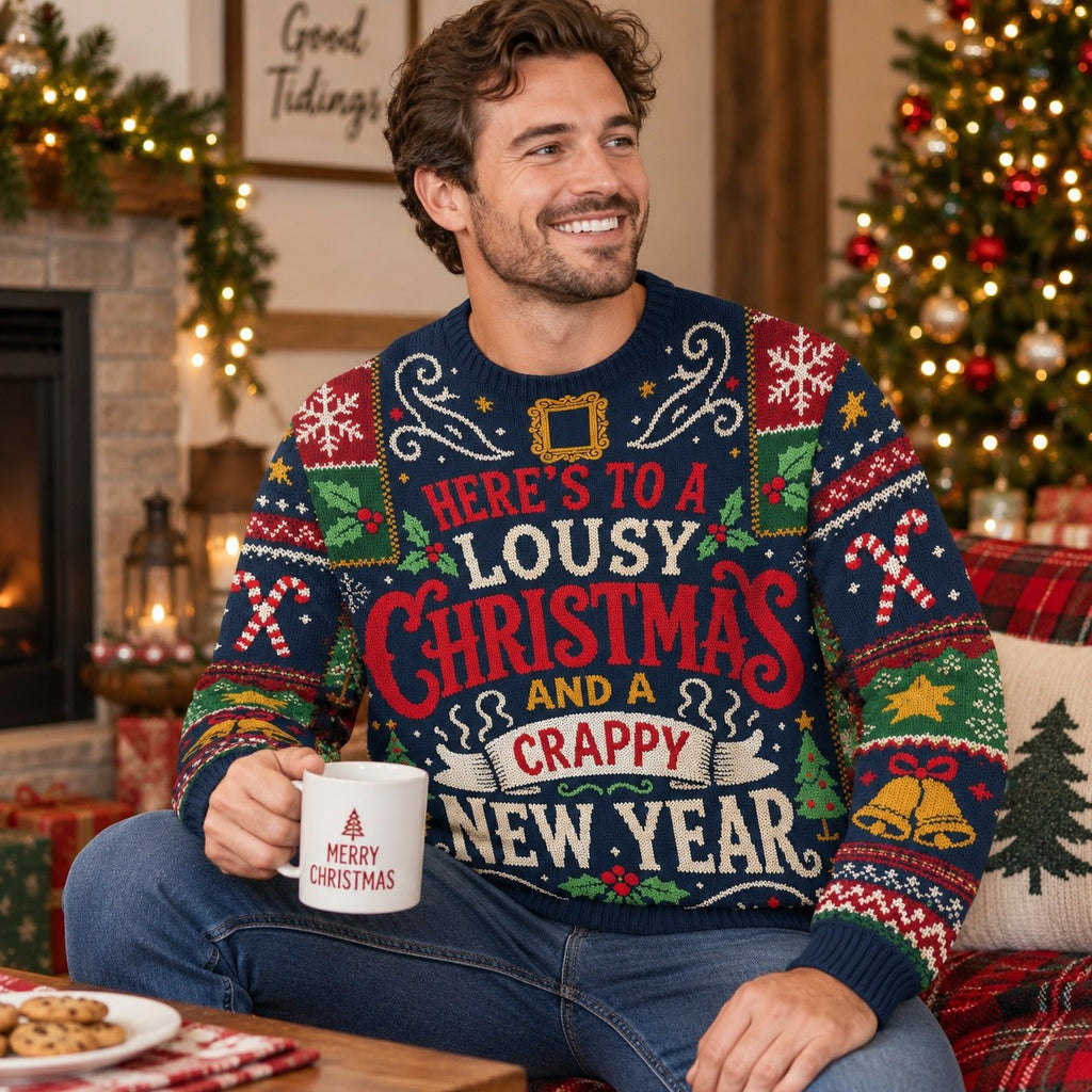man sitting by a lit christmas tree wearing a navy ugly christmas