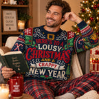 man in a cozy chair with a book wearing a navy holiday