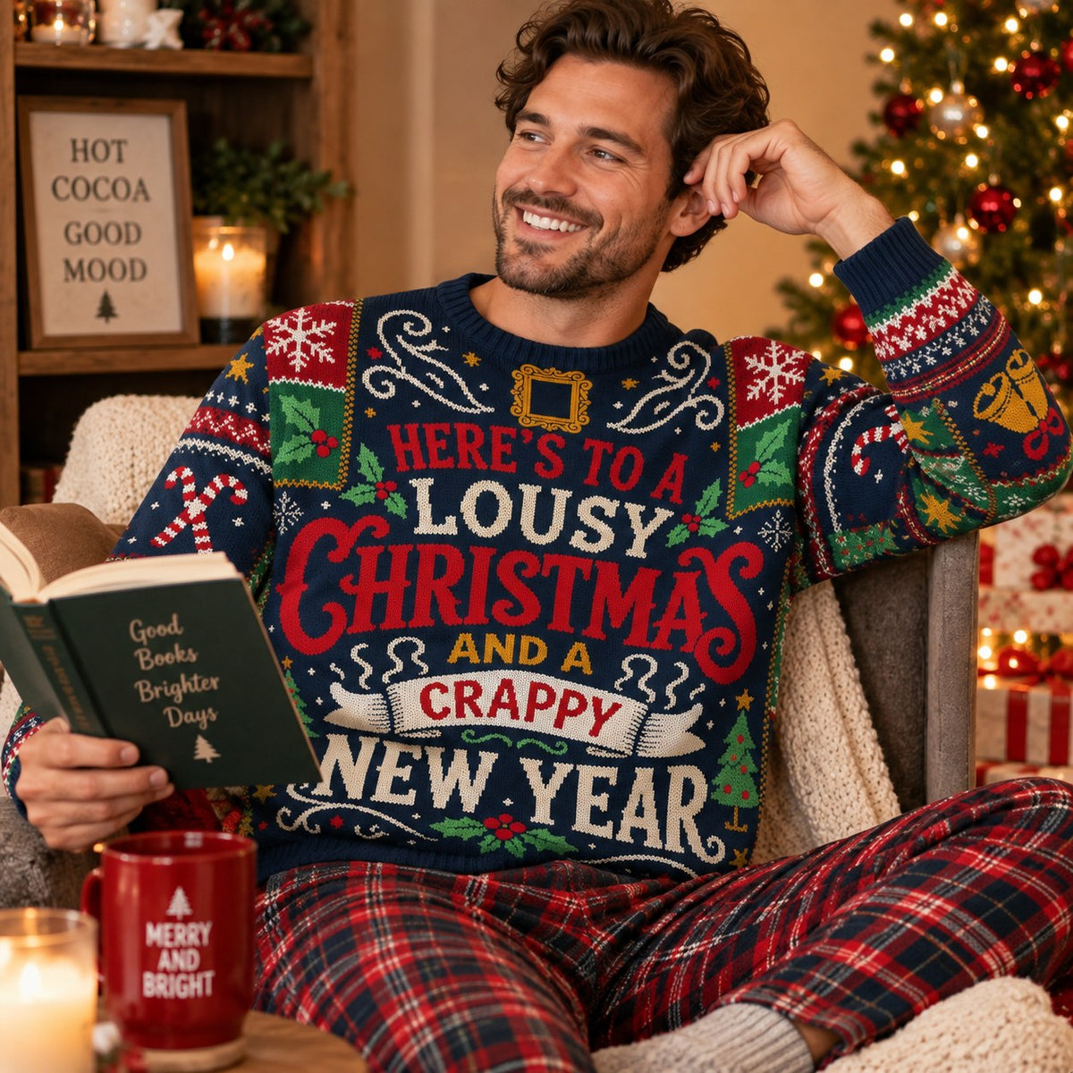 man in a cozy chair with a book wearing a navy holiday