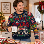 man in a christmas kitchen holding a coffee mug wearing a navy